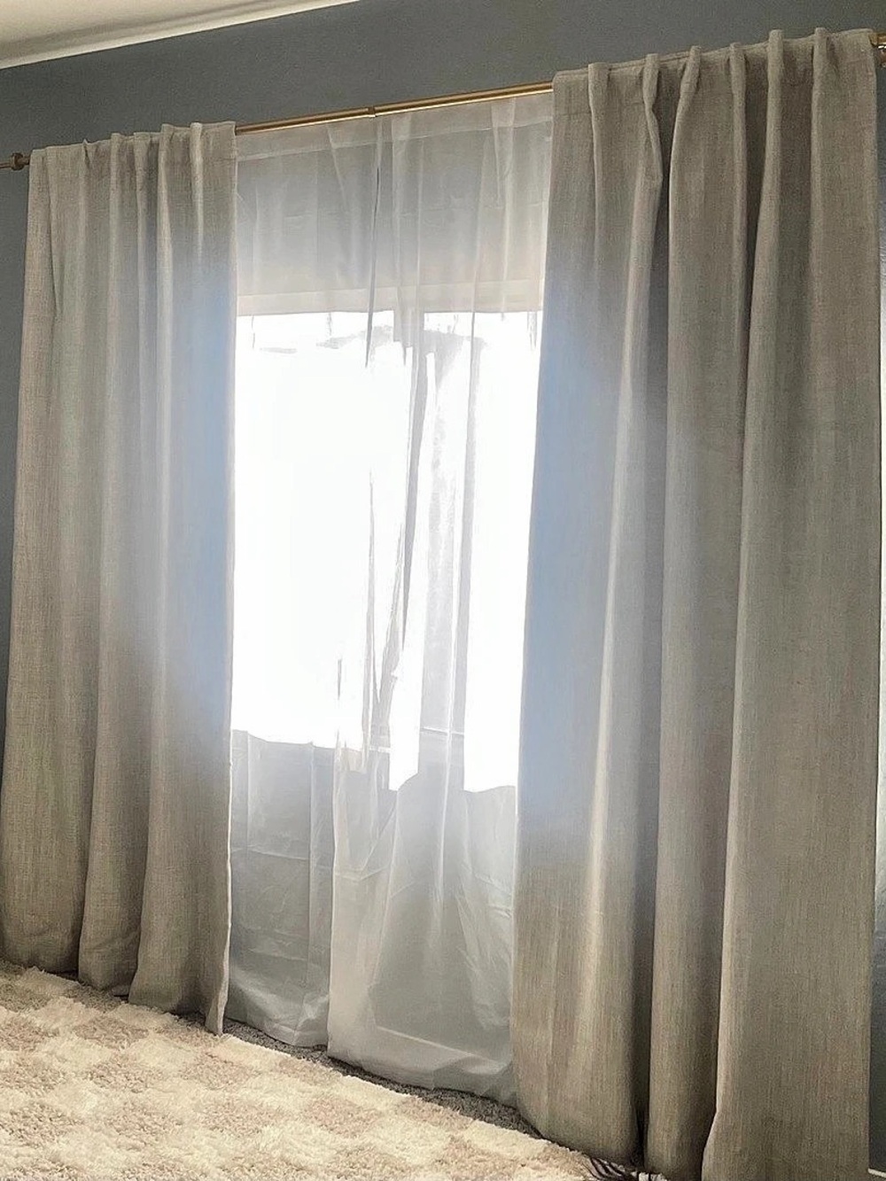 Crate & Barrel Reid Warm Beige Blackout Curtains with PB Sheer Curtains & Rod